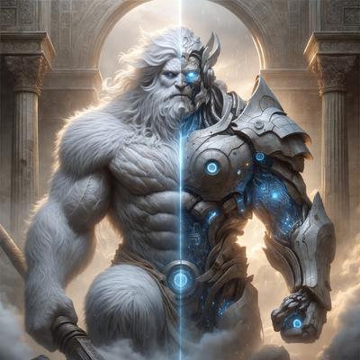 The primary subject of the image is a large, muscular man with a beard and long hair. He is wearing a suit and holding a sword. The setting is a cloudy sky, and the visual style is digital art. The dominant colors are blue and white, creating a moody atmosphere.
